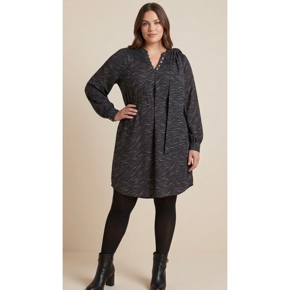 Maurices Womens XL Gray Tiger Stripe Long Sleeve Smocked Shift Dress with Tie